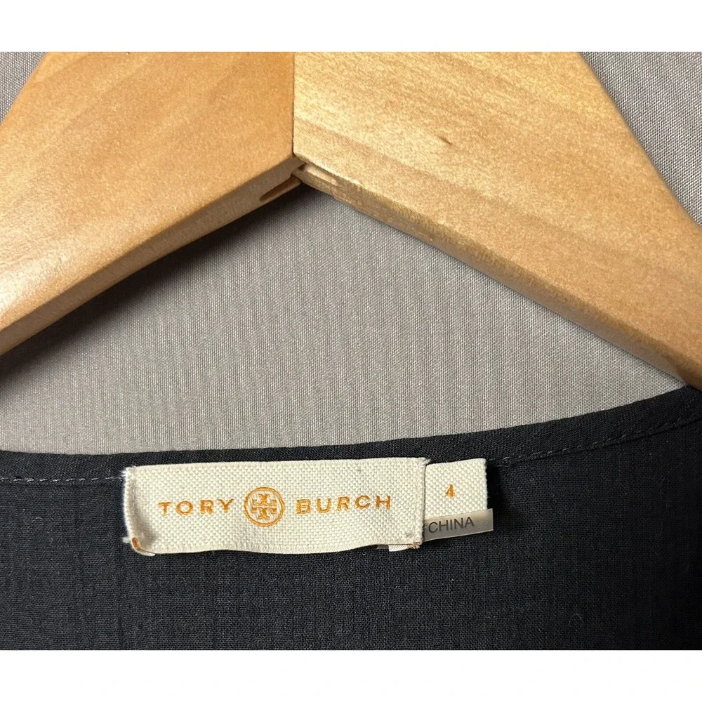 Tory Burch Top Size 4 FLEUR TUNIC Embroidered Trim Long Sleeve Black